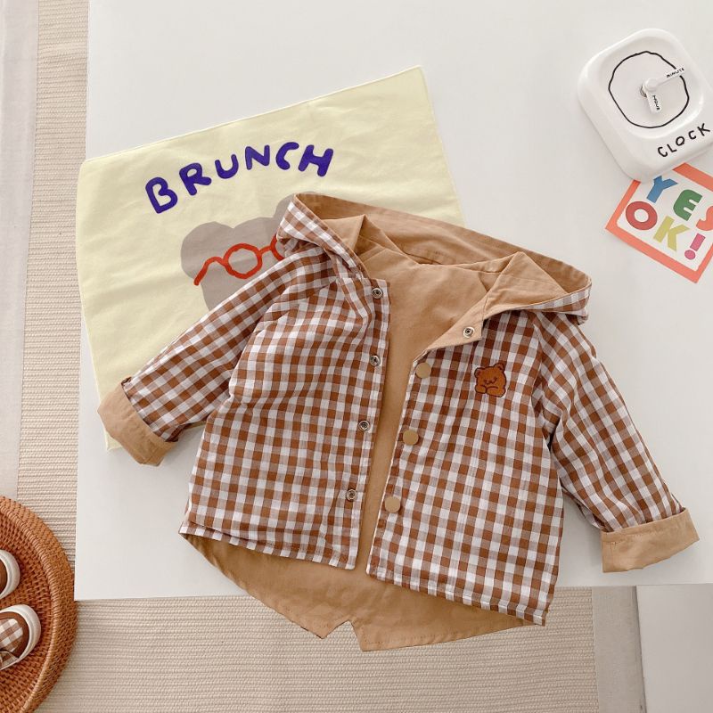 Áo Khoác Kẻ Sọc Ca Rô Hai Mặt In Hoạ Tiết Hoạt Hình Phong Cách Hàn Quốc Dành Cho