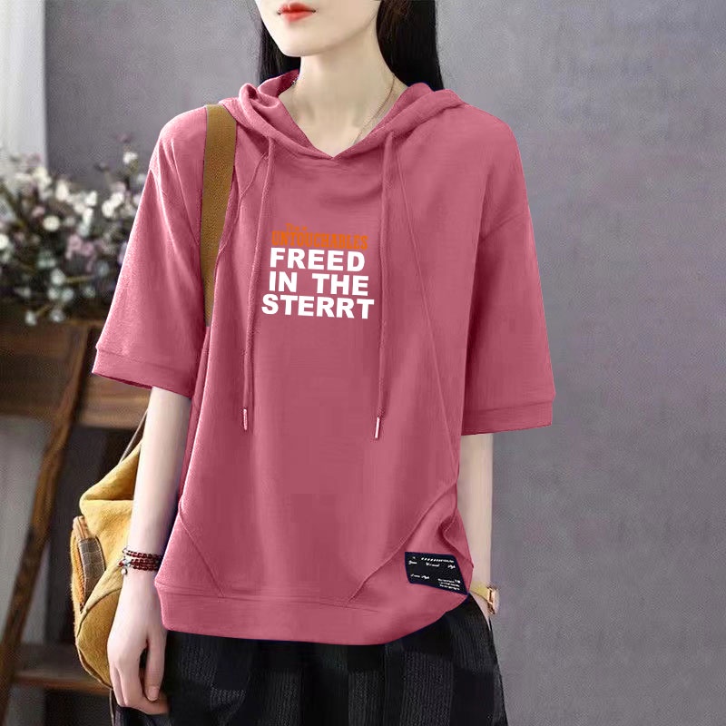 Áo Thun Cotton Có Mũ Trùm Đầu Tay Ngắn Màu Trơn Phong Cách Mới Mùa Hè Kích Thước Béo mm Slimmer Look Dễ Phối Đồ