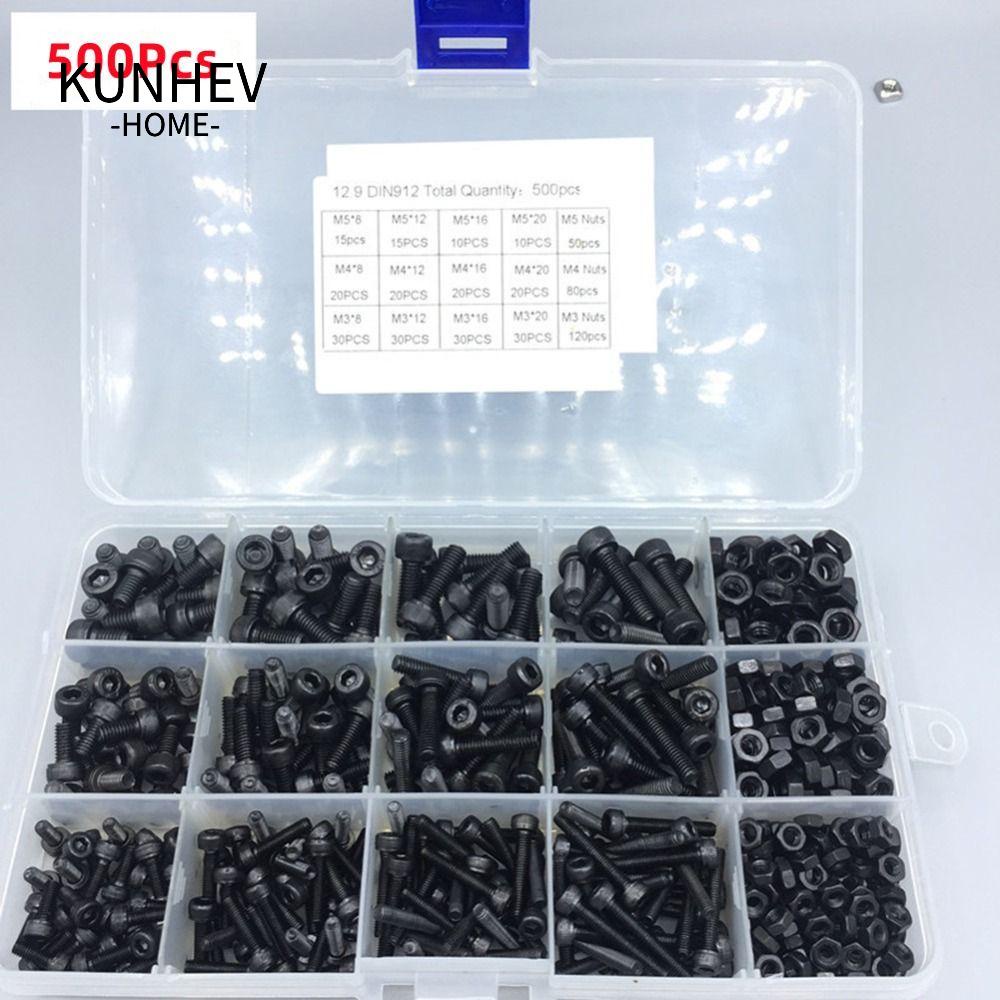 KUNHEV 500 cái vít nắp đầu ổ cắm hex, m3 m4 m5 8/12/16 / 20mm bộ vít hệ mét, với hộp lưu trữ máy in và bu lông thép hợp kim 12,9 lớp màu đen