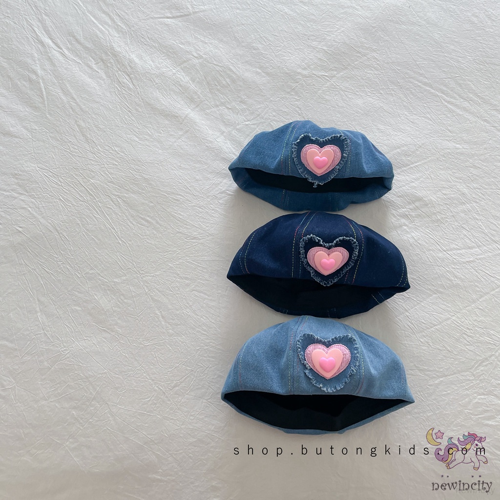 Trẻ em hàn quốc cô gái ngọt ngào mát mẻ tình yêu thiết kế trái tim mũ nồi denim ins style mũ