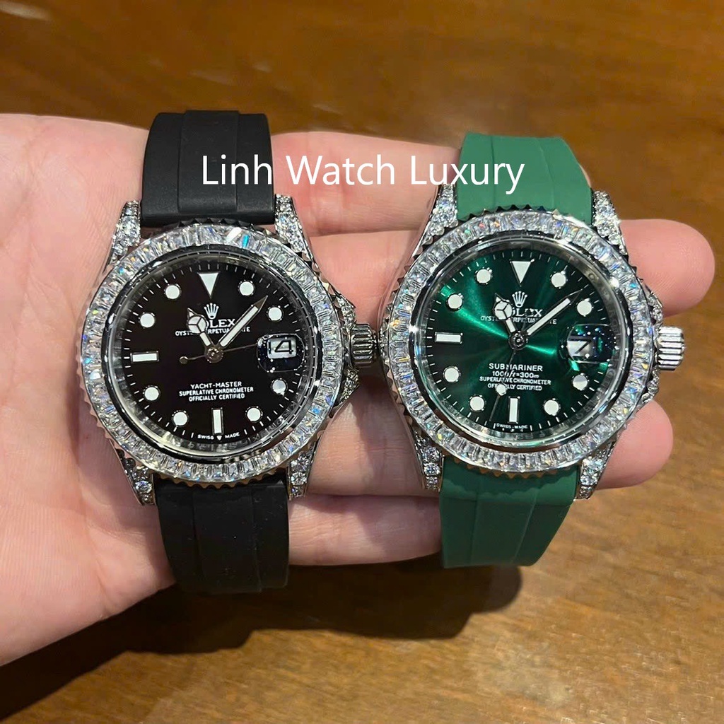 Đồng Hồ Nam R0lex Submariner viền đá CZ, Dây cao su, Máy cơ automatic, Hỗ trợ cót tay