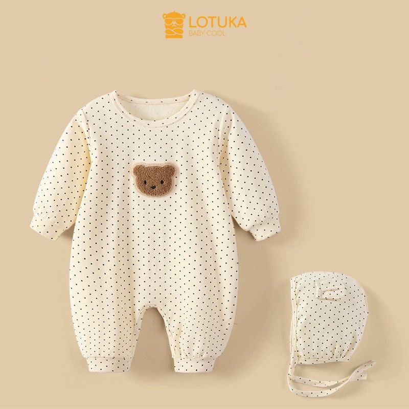 Bodysuit Dài Tay LOTUKA Cho Bé Trai Bé Gái, Body Thu Đông Đính Gấu Chất Liệu Mềm Mịn Cho Bé, Quần Áo Trẻ Em Size 3-12kg