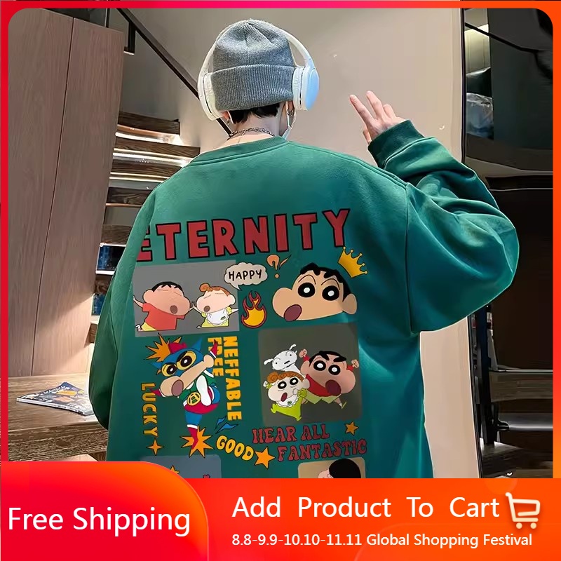 Sweater nam form rộng big size tới 120kg Nhật Bản Cartoon Crayon In ấn Shin Unisex Thời Trang Trẻ Trung