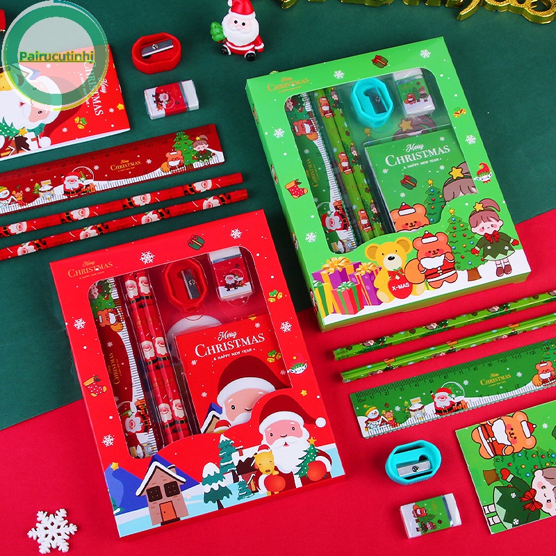 Pairhj 6pcs / set christmas series kids office festival pencils with ruler rubber and pencil sharpener quà tặng giáng sinh học tập văn phòng phẩm đồ dùng học tập vn
