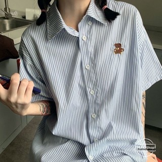 Plus size phụ nữ mùa xuân nhật bản sọc gấu in áo sơ mi tay ngắn thông thường