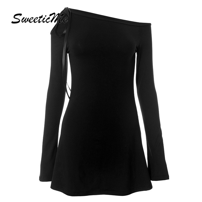 Sweeticme women's 2023 thời trang mới màu rắn lệch vai dài tay viền váy ngắn giản dị