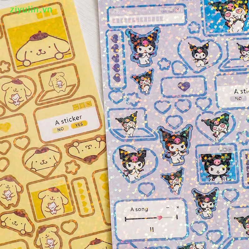 Ziyulin 6sheets / set hình dán laser hoạt hình dễ thương kawaii melody kuromi hello kitty decals trang trí không thấm nước diy sticker kids toys vn