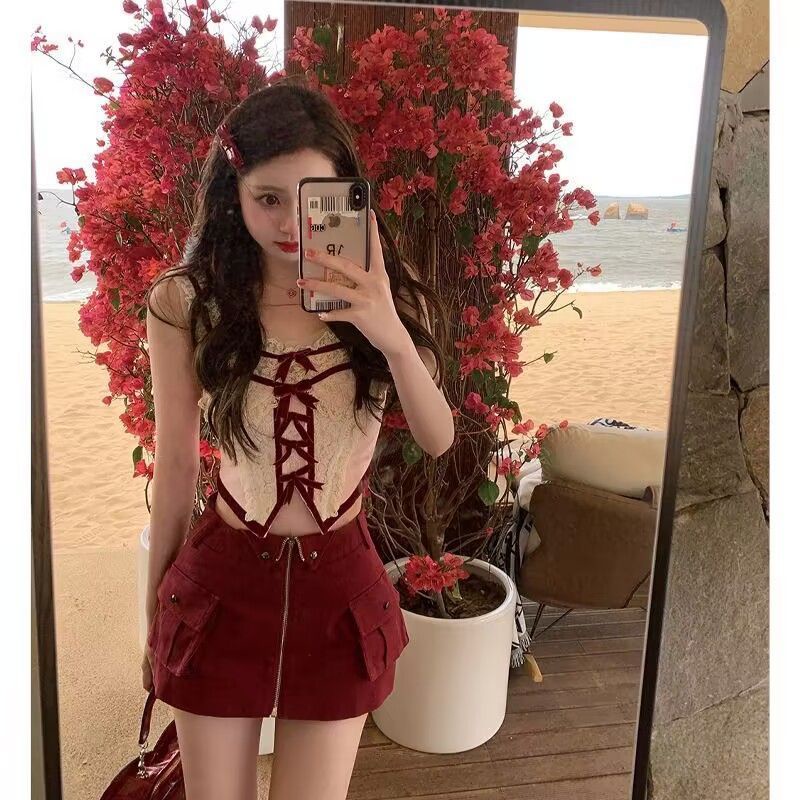 Phong cách pure desire hot girl thiết kế thời trang ren khâu nơ sling top váy eo cao hai mảnh phù hợp với hợp thời trang mfpd