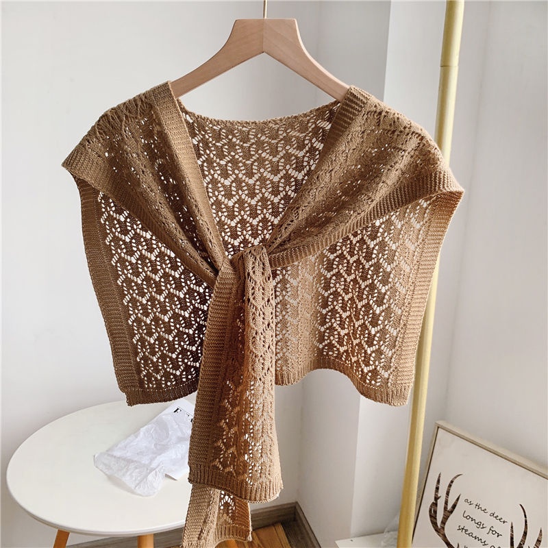 Shawl women ultra-light thin hollow knitted shawl new style high-end air conditioning room knotted small waistcoat