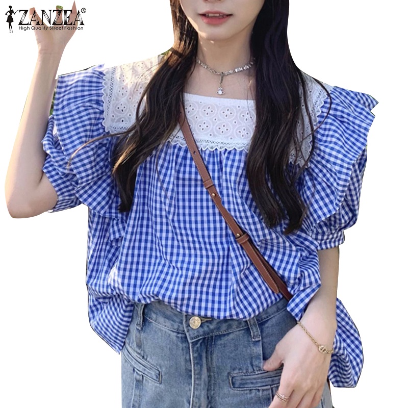 Áo ZANZEA tay bay ngắn cổ chữ U phối ren họa tiết kẻ sọc thời trang dành cho nữ
