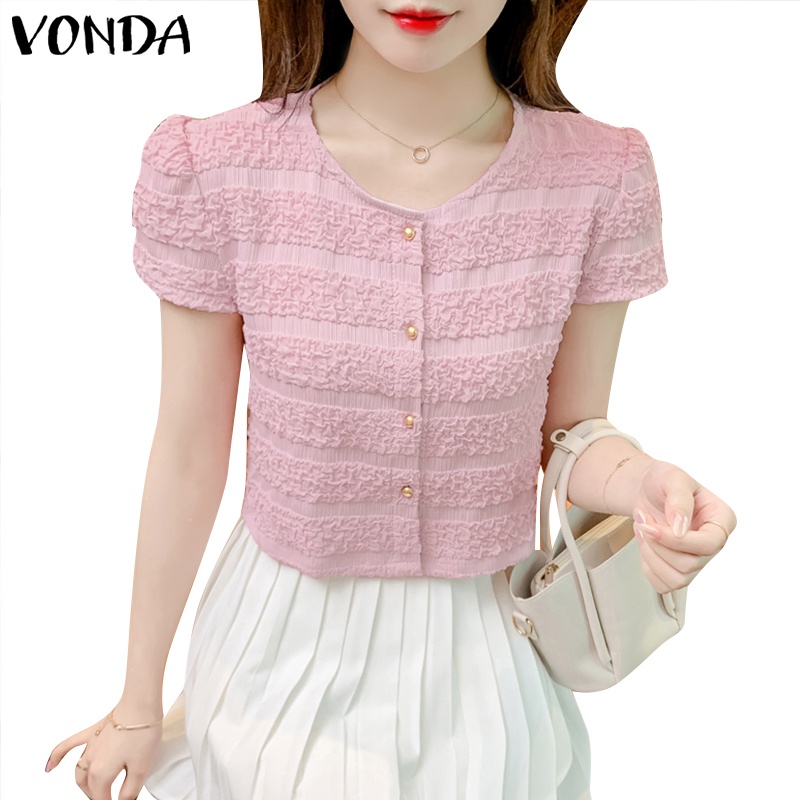Vonda phụ nữ hàn quốc hàng ngày tay ngắn cổ tròn áo sơ mi đồng màu