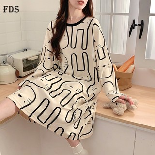 Đầm ngủ mặc nhà FDS tay dài mềm mại thoải mái họa tiết thỏ dễ thương thời trang thu đông ngọt ngào cho nữ