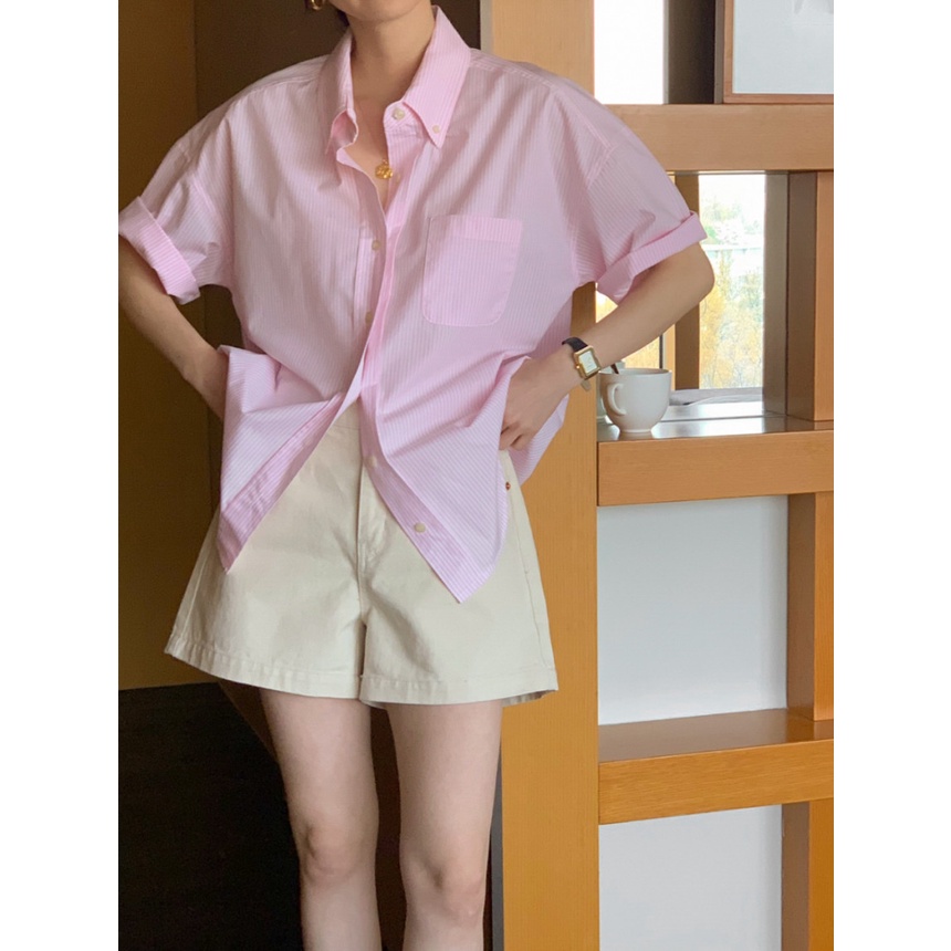 Áo Sơ Mi Ngắn Tay Họa Tiết Sọc Đơn Giản Thời Trang Dành Cho Nữ