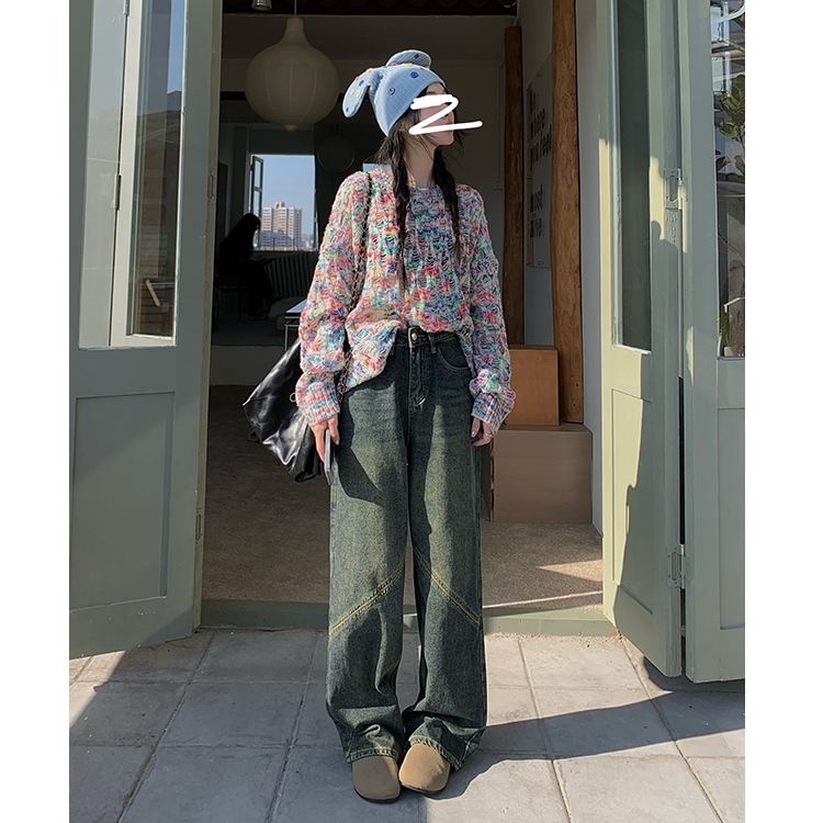 Quần Denim Lưng Cao Ống Rộng Phong Cách Retro Đường Phố