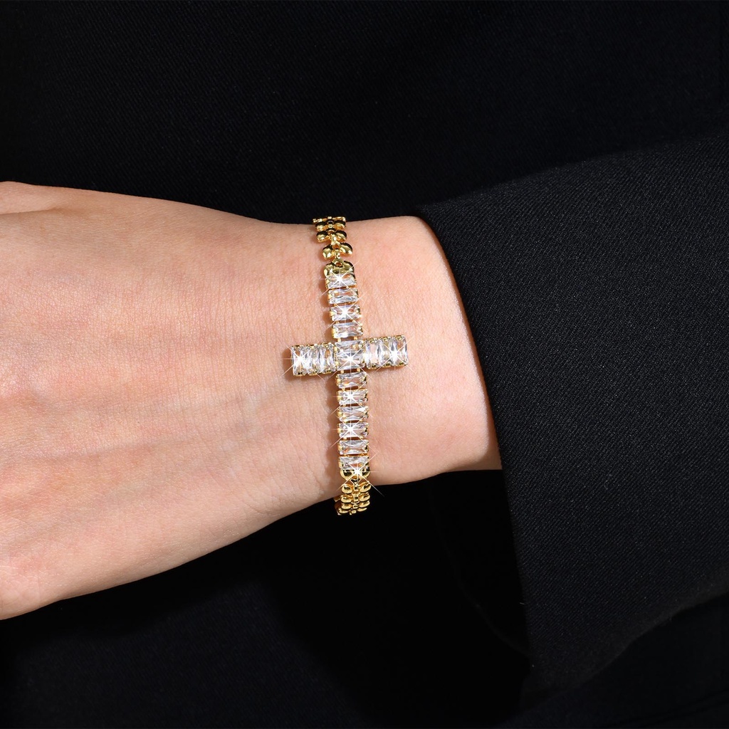 Vòng đeo tay VNOX tông vàng zircon sáng lúa mì đính đá zircon hình chữ thập thời trang quyến rũ cho nữ