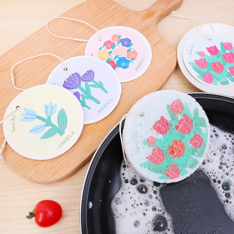Miếng Bọt Biển Tròn Rửa Chén / Khăn Lau Chén / Dĩa Bằng Bột Gỗ Hình Hoa Hoạt Hình Dễ Thương