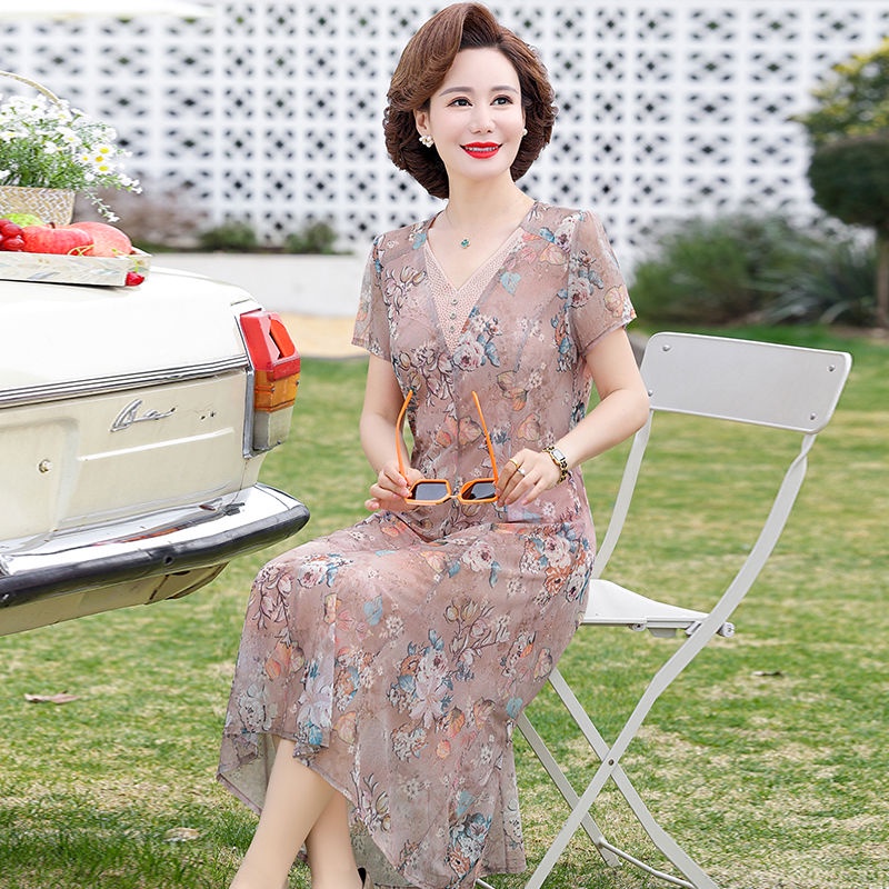 Đầm Chiffon Tay Ngắn Phong Cách Phương Tây Thời Trang Mùa Hè Mới Cho Phụ Nữ Trung Niên