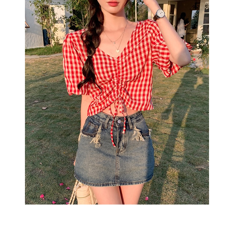 Áo Kiểu Tay Ngắn Cổ Chữ V Họa Tiết Sọc Caro Phối Dây Rút Thời Trang Mùa Hè