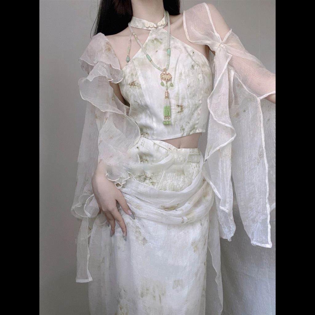 Bộ Áo Khoác Cardigan + Áo Lưới + Áo Hai Dây + Chân Váy Lưng Cao Phong Cách Trung Hoa Mới Cho Nữ