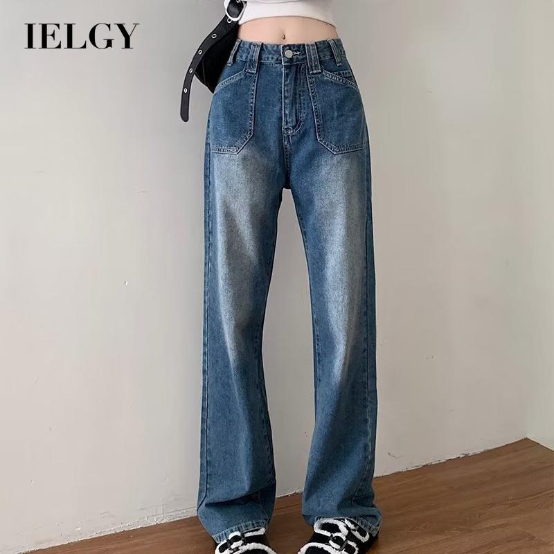 IELGY Quần Jean Dài Lưng Cao Dáng Rộng Phong Cách retro Thời Trang Cho Nữ