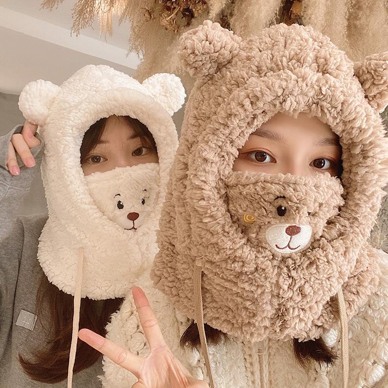 Mũ beanie Trùm Tai Kèm Khẩu Trang Dày Dặn Giữ Ấm Mùa Đông In Họa Tiết Hoạt Hình Gấu Dễ Thương