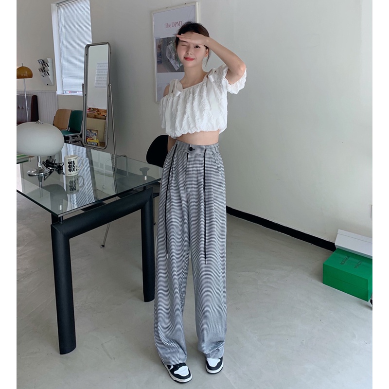Quần Dài Ống Rộng Lưng Cao Họa Tiết Sọc Caro Thời Trang Mùa Hè Hàn Quốc