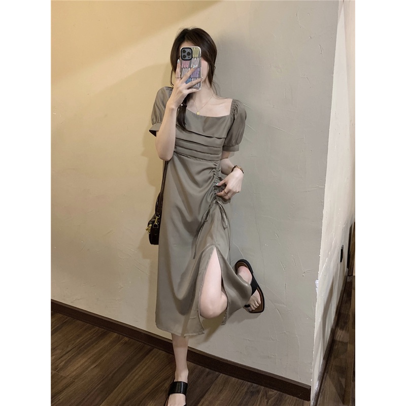 Đầm Cổ Vuông Xẻ Tà Màu Trơn Thời Trang Mùa Hè Hàn Quốc Cho Nữ