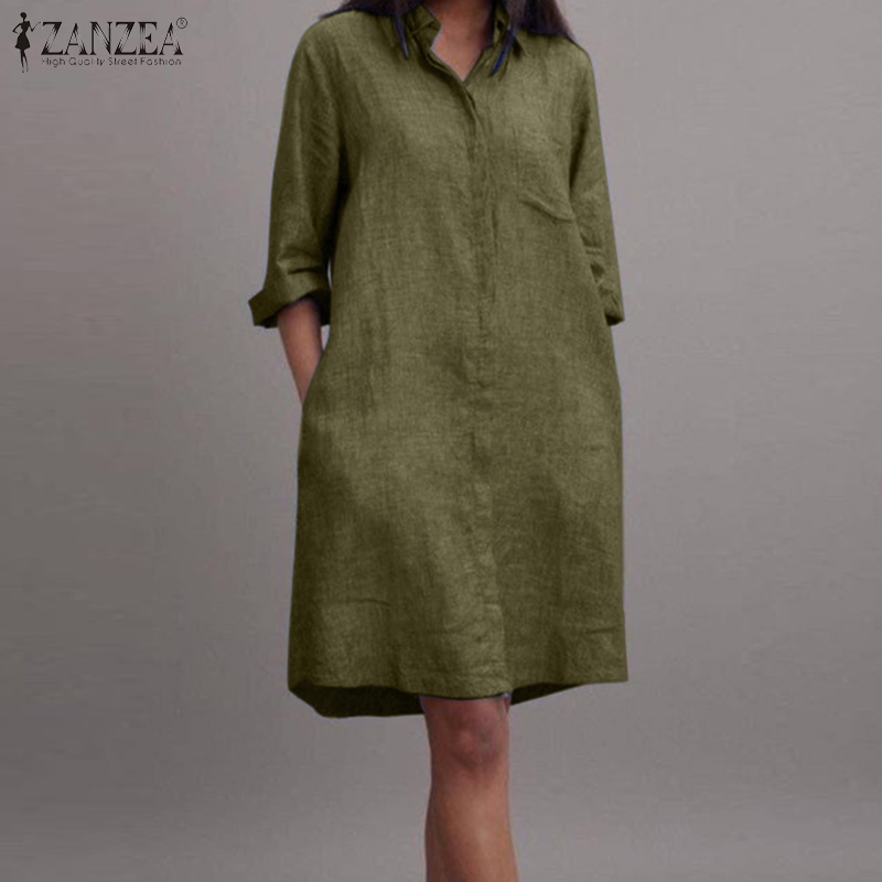 Zanzea Đầm Sơ Mi Tay Lỡ 3 / 4 Cổ Bẻ Thời Trang Dành Cho Nữ