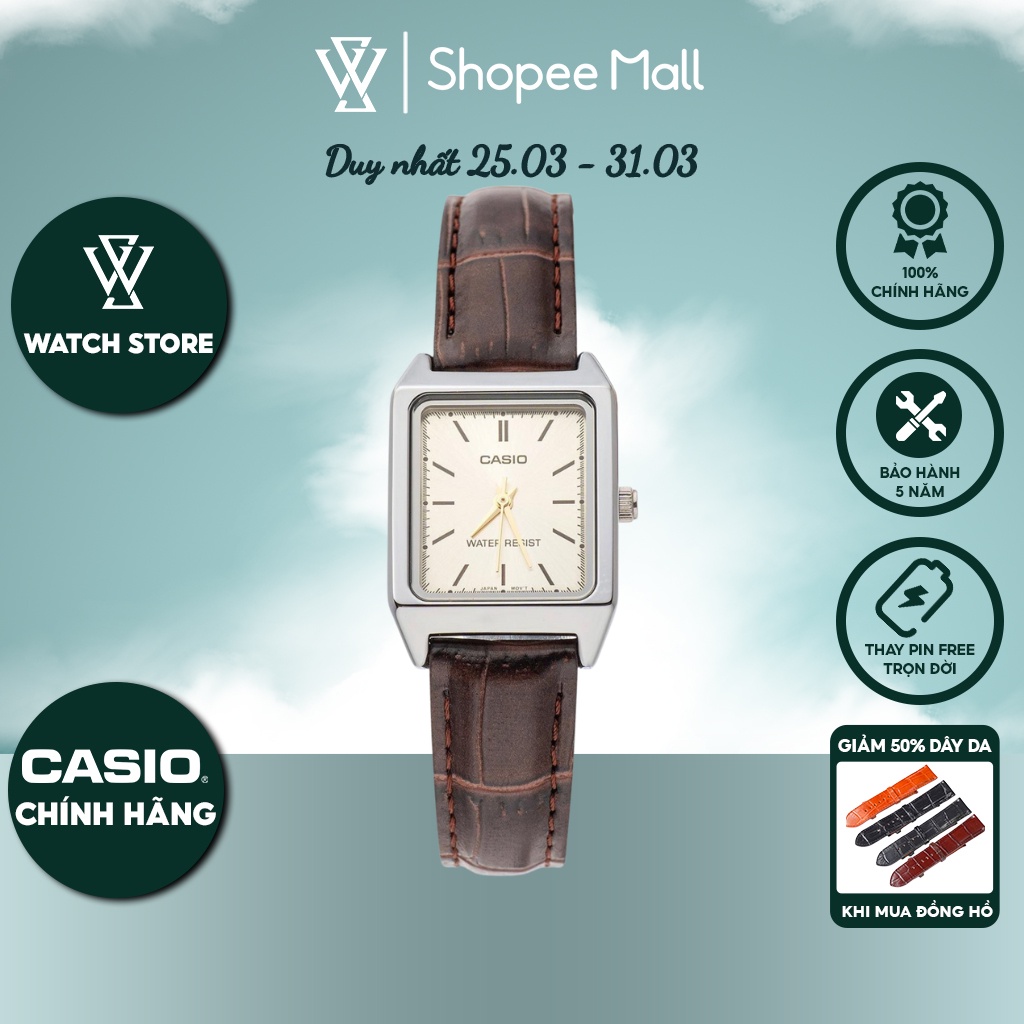 Đồng Hồ Quartz Nữ Casio WATCHSTORE LTP-V007L-9EUDF Thiết Kế Mặt Kính Khoáng Chữ Nhật 22mm, Dây Da Và Vỏ Thép Không Gỉ