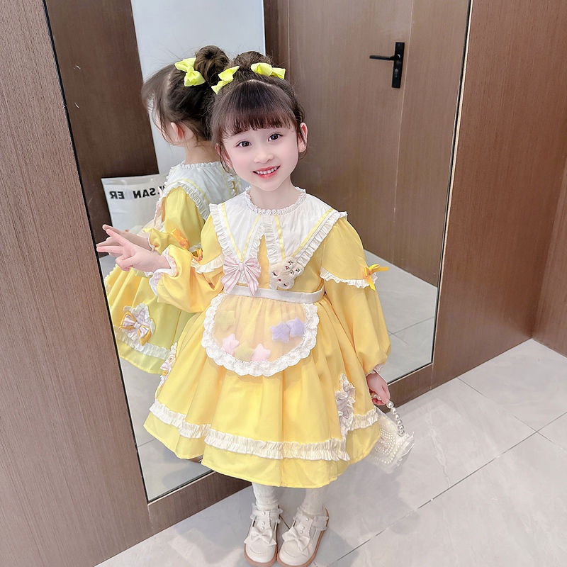 Đầm Công Chúa Lolita Tay Dài Màu Vàng Trắng Phong Cách Phương Tây Thời Trang Mùa Xuân Cho Bé Gái