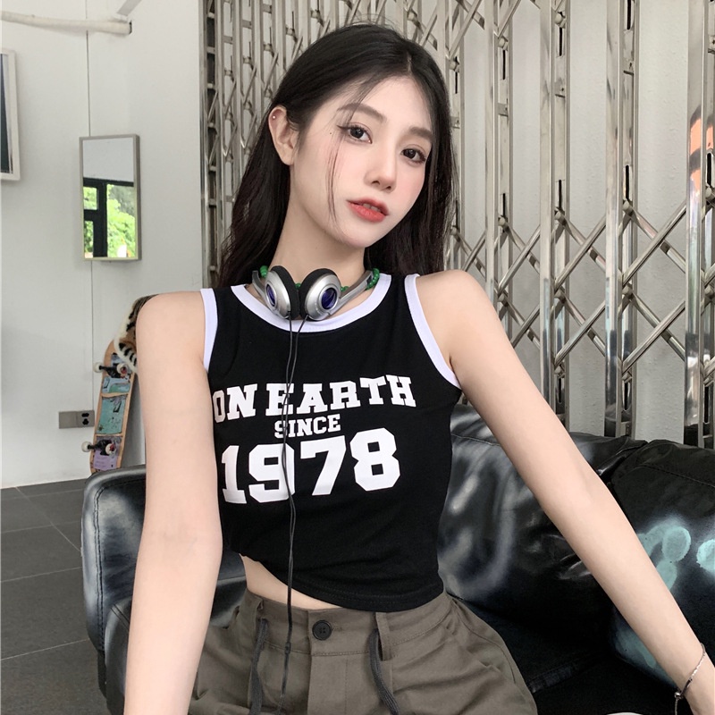 Áo Thun Croptop Sát Nách Dáng Rộng In Chữ Thời Trang Mùa Hè 2023 Phong Cách Hàn Quốc Cho Nữ