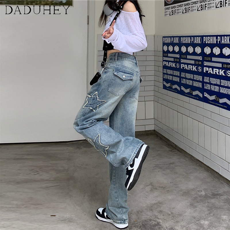 Quần jean DADUHEY lưng cao dáng rộng họa tiết ngôi sao thời trang đường phố Mỹ cá tính