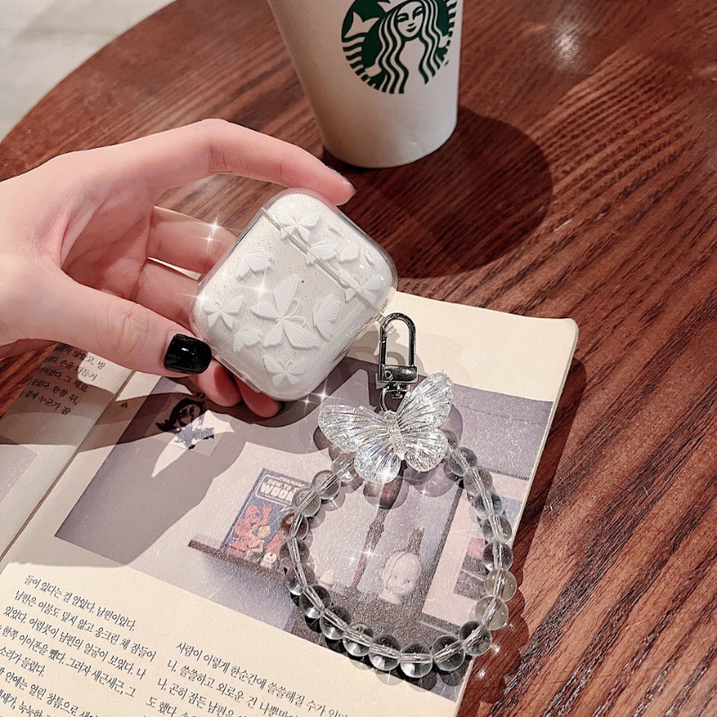 Vỏ Bảo Vệ Hộp Sạc Tai Nghe Bluetooth AirPods Pro Bằng TPU Mềm Trong Suốt Hình Bướm Lấp Lánh Kèm Dây Đeo Chuỗi Hạt Pha Lê