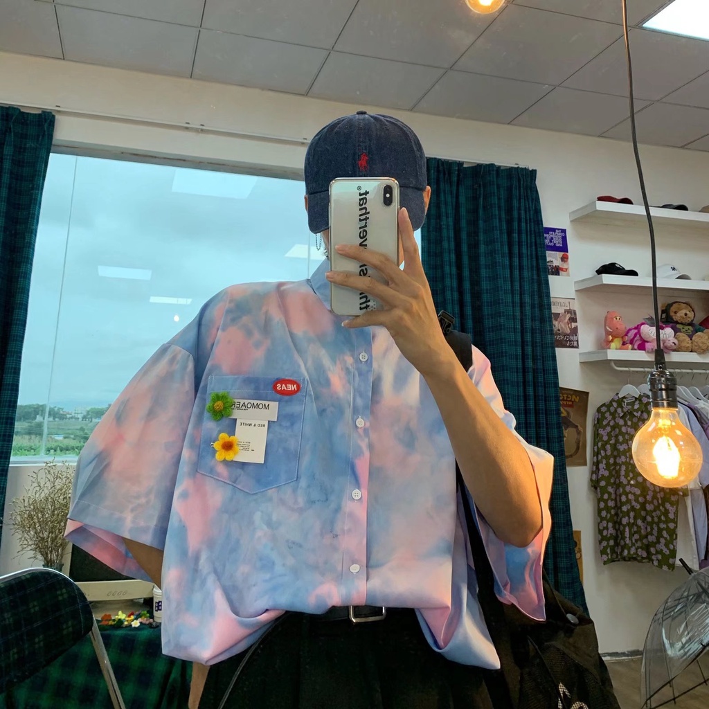 Áo Sơ Mi Ngắn Tay Họa Tiết Màu Nhuộm Phong Cách Harajuku Hip Hop Đường Phố Mùa Hè