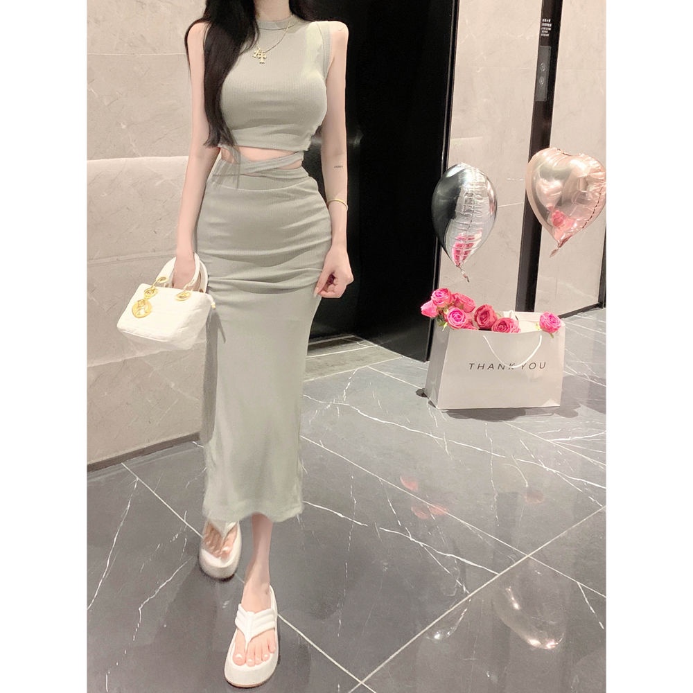 [F &amp; X] Set Áo Không Tay Cổ Cao + Chân Váy Xẻ Tà Lưng Cao Kiểu Dáng Ngọt Ngào Quyến Rũ Cho Nữ