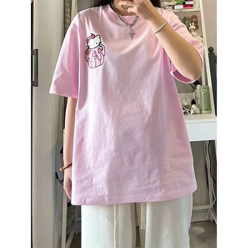 Áo Thun Cotton Ngắn Tay Cổ Tròn In Họa Tiết Dễ Thương Phong Cách Hàn Quốc Dành Cho Nữ