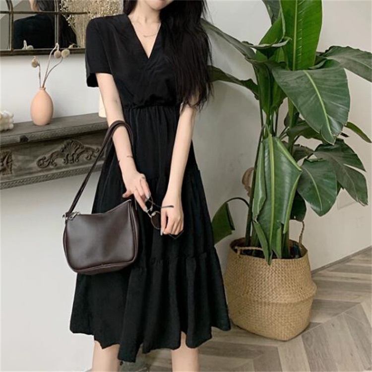 IELGY  Đầm Dài Cổ Chữ v Màu Đen Phong Cách Pháp Thời Trang Cho Nữ