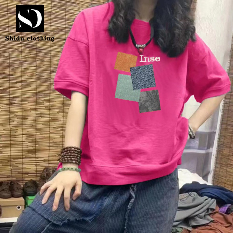 Áo Thun Cotton Ngắn Tay Dáng Rộng In Họa Tiết Xinh Xắn Dành Cho Nữ
