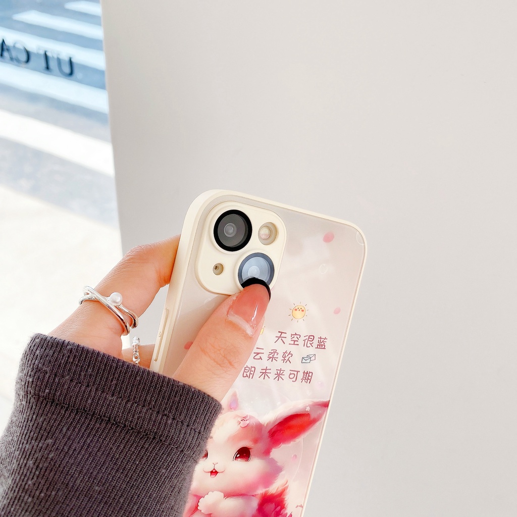 Ốp Điện Thoại Kính Viền Đen Họa Tiết Chú Thỏ Dễ Thương Chống Sốc Cho IPhone 14 Pro Max 13 Pro Max 12 Pro Max 11 Pro Max