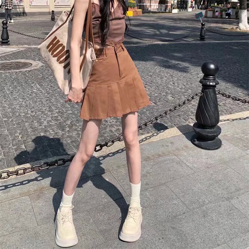 Chân váy jean Xiang Nian Ni dáng chữ A lưng cao xếp ly thời trang mùa hè cho nữ