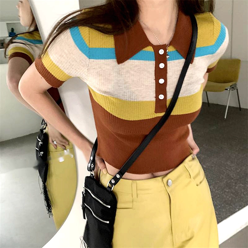 Áo Croptop Tay Ngắn Họa Tiết Kẻ Sọc Màu Sắc Tương Phản Phong Cách Hong Kong Thời Trang Mùa Hè Cho Nữ