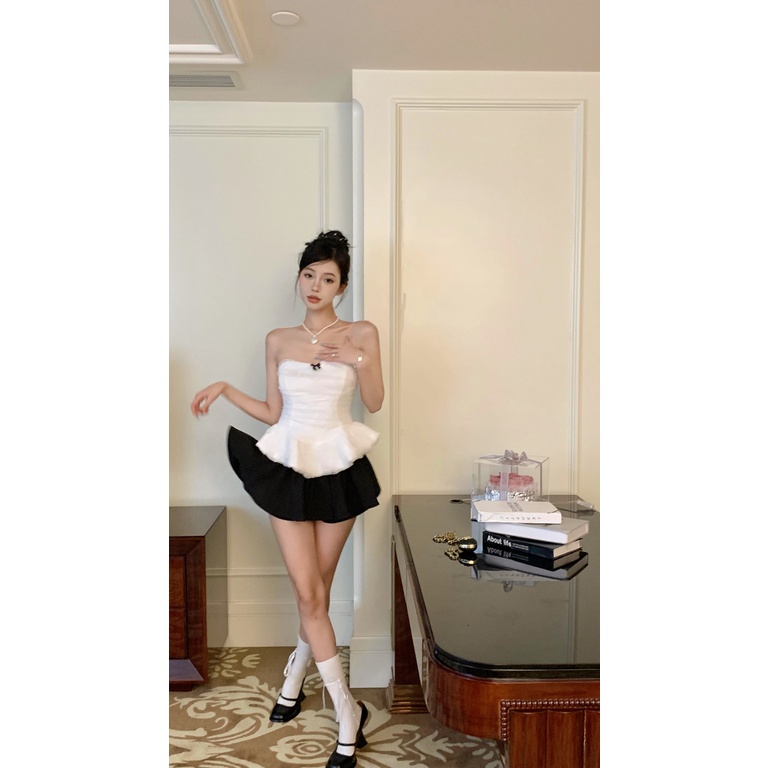 Set Áo Ren Trắng Dáng Ôm + Chân Váy Chữ a Lưng Cao Màu Đen Thời Trang Công Sở Cho Nữ