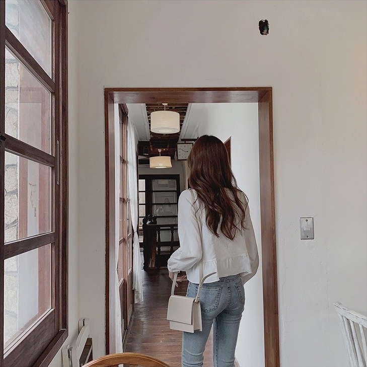 Áo sơ mi SUXI tay dài cổ vuông dáng rộng đơn giản phong cách Hàn Quốc thời trang