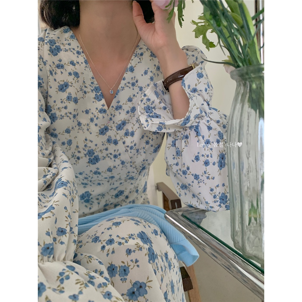 Đầm Nữ Tay Dài Cổ Chữ V In Hoa Phong Cách Hàn Quốc Thời Trang Mùa Xuân