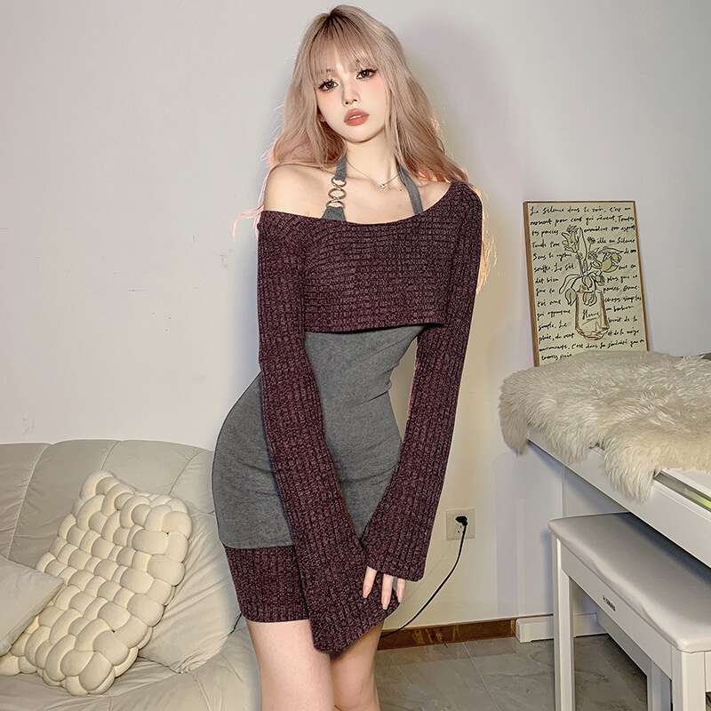 Weird Puss Bộ Đầm Dệt Kim Thoáng Khí Phối Màu Tương Phản Cá Tính Hợp Thời Trang Cho Nữ