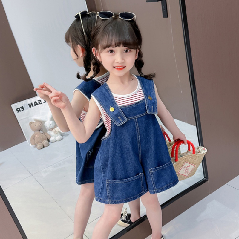 Set Áo Sát Nách Phối Quần Short Yếm Denim Phong Cách Hàn Quốc Thời Trang Xinh Xắn Cho Bé Gái