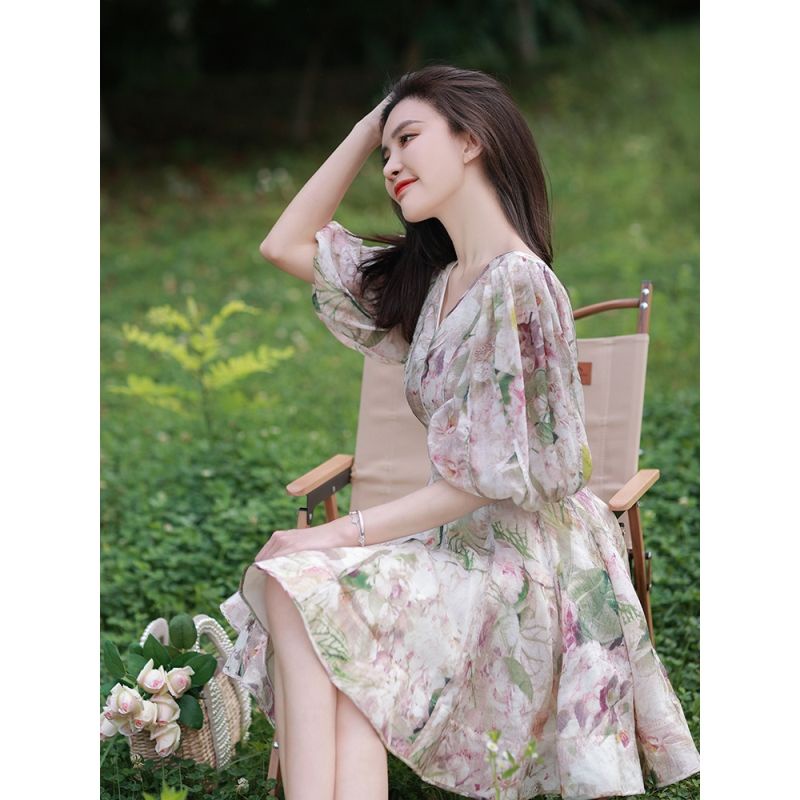 Đầm tutu Cổ Chữ v Tay Phồng In Họa Tiết Hoa Phong Cách Pháp Thời Trang Mùa Hè Hàng Mới 2023 Dành Cho Bạn Nữ