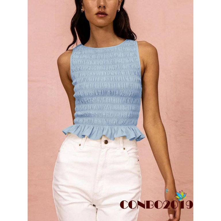 Áo Tank Top Nữ Cổ Tròn Không Tay Nhún Bèo Màu Trơn Thời Trang
