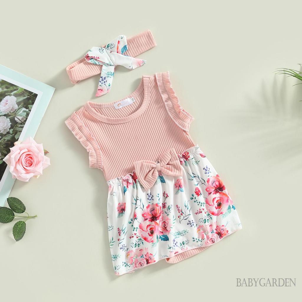 Đầm Liền Thân Không Tay Dệt Kim In Hoa Kèm Băng Đô Dành Cho Bé Gái 0-18 Tháng Tuổi