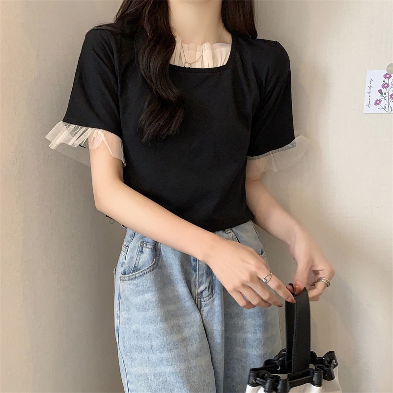 SUXI Áo Thun Ngắn Tay Cổ Vuông Màu Sắc Trơn Thời Trang Mùa Hè Cho Nữ